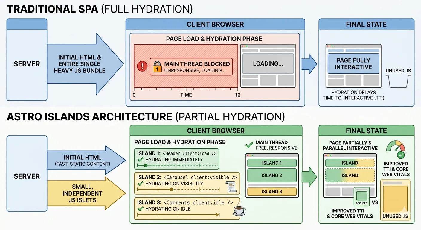 Diagram showing the Astro build pipeline: source images are automatically converted to WebP, compressed, and served with correct dimensions — all at build time without runtime overhead