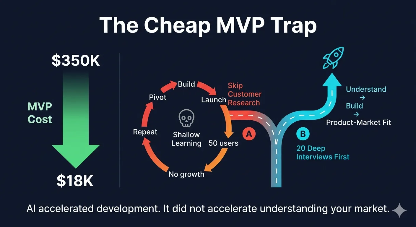 Diagram showing how decreasing MVP costs correlate with shallower market understanding when customer development is skipped