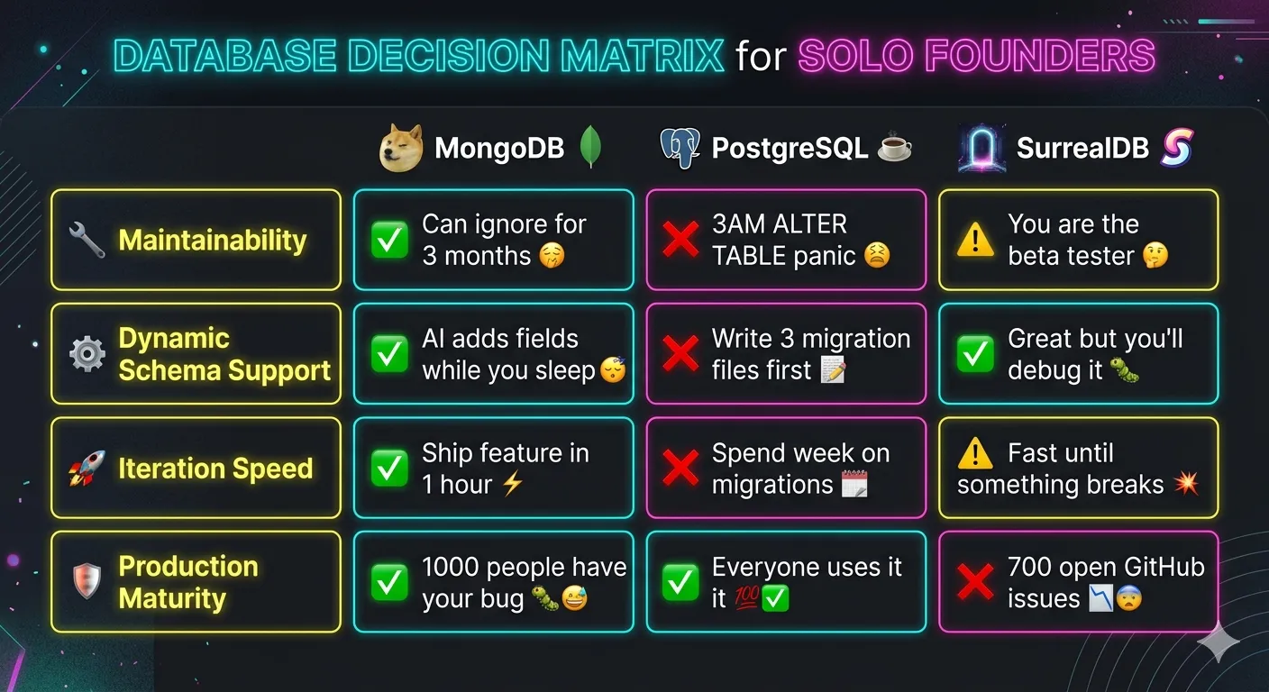 Decision matrix comparing MongoDB, PostgreSQL, and SurrealDB across maintainability, dynamic schema support, iteration speed, and production maturity