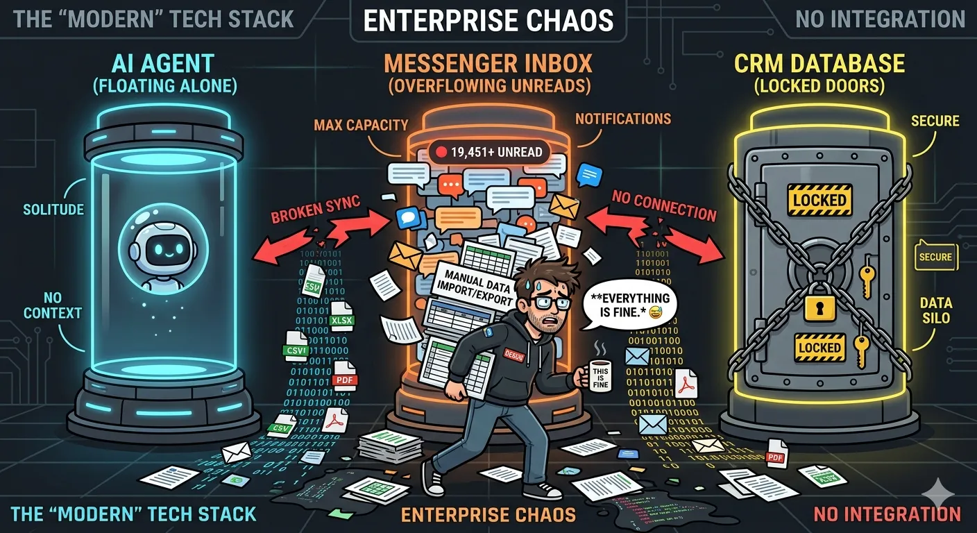 Diagram showing fragmented communication tools (separate AI, inbox, CRM) with arrows failing to connect