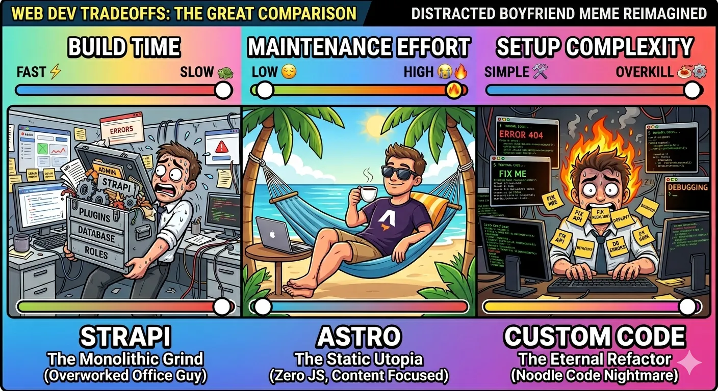 Comparison chart showing Astro vs Strapi vs Custom code on build time, maintenance effort, and setup complexity