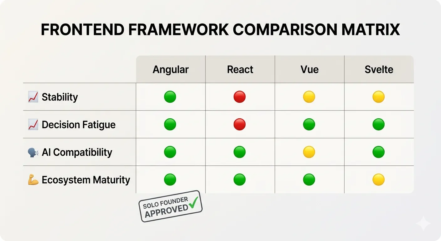 Decision matrix comparing Angular, React, Vue, and Svelte across stability, decision fatigue, AI compatibility, and ecosystem maturity