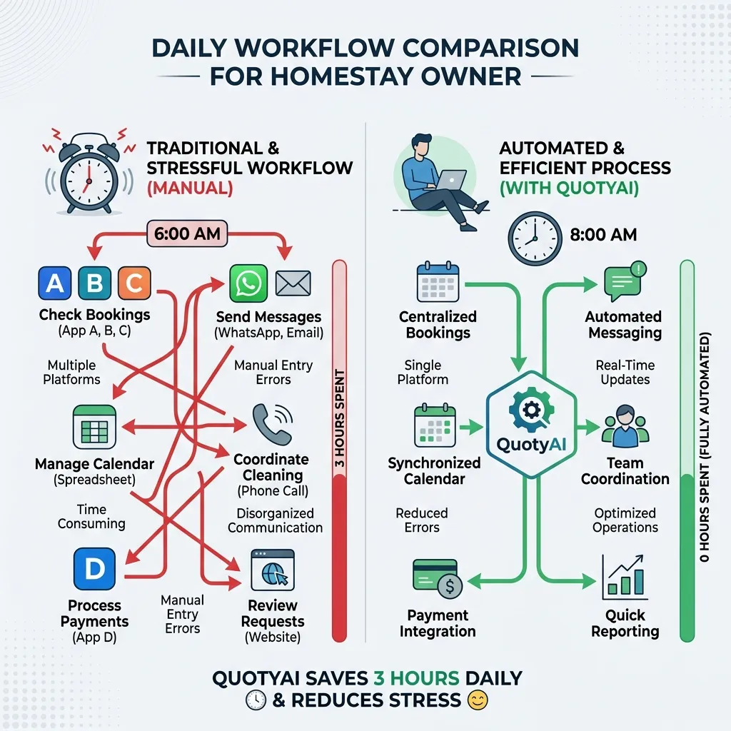 Diagram comparing Vy's 6am wake-up routine with 3 hours of messaging vs QuotyAI handling all inquiries automatically