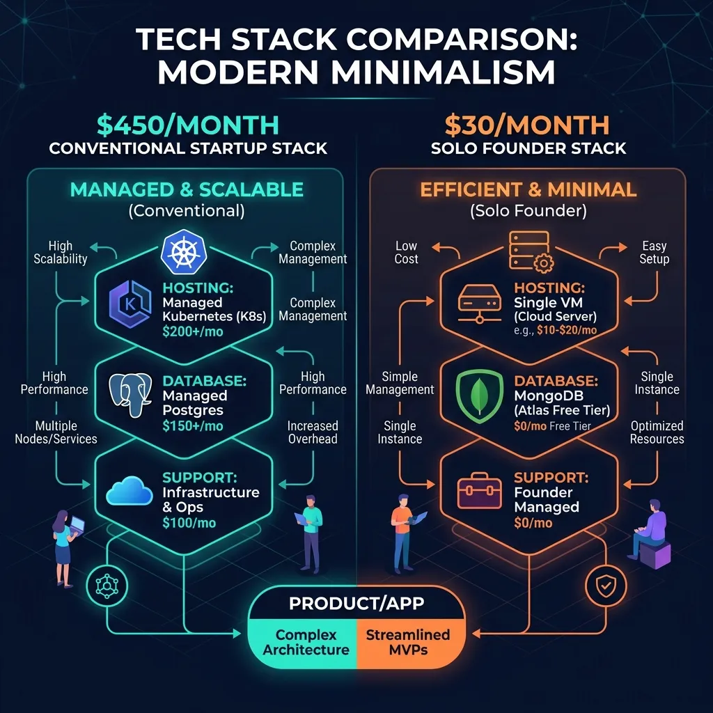 Diagram comparing $450/month conventional startup stack vs $30/month solo founder stack with 5 services vs 3 services