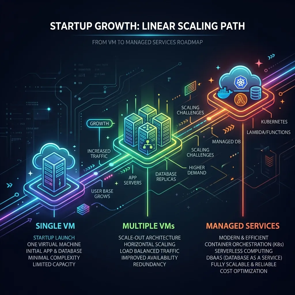 Diagram showing linear scaling path from single VM → multiple VMs → managed services → Kubernetes only when revenue justifies it