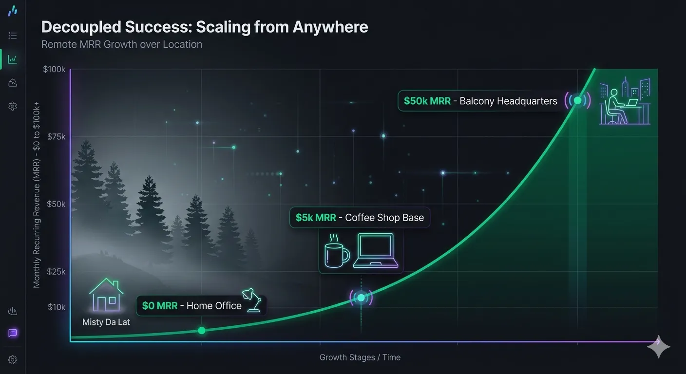 Diagram showing startup growth trajectory from Da Lat balcony without geographic constraints