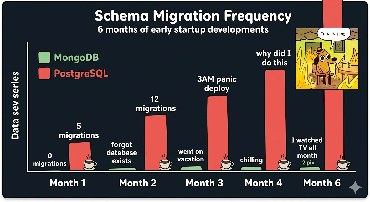 Bar chart comparing schema migration frequency between MongoDB and PostgreSQL over 6 months of early startup development