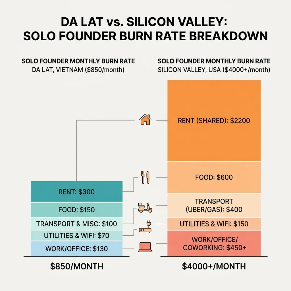 Diagram comparing $850/month Da Lat burn rate vs $4000+ Silicon Valley burn rate with breakdown of expenses
