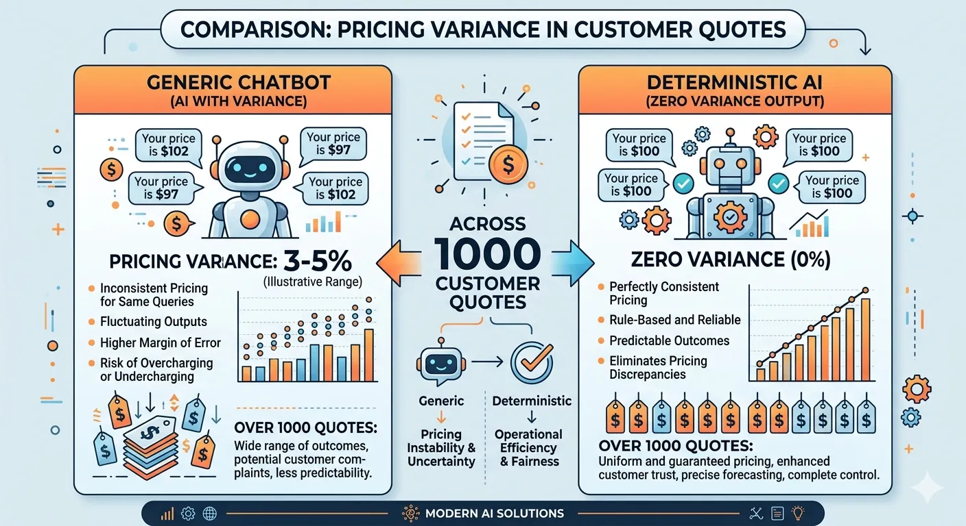Infographic so sánh sai lệch giá chatbot chung (3-5%) với đầu ra không sai lệch của AI tất định qua 1.000 báo giá khách hàng