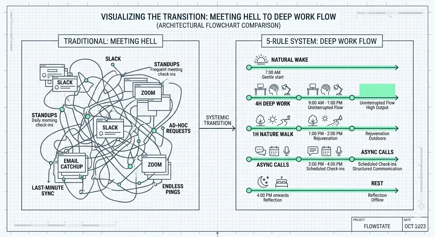 Diagram showing the 5-rule productivity system vs traditional 12-hour workday with meetings and context switching