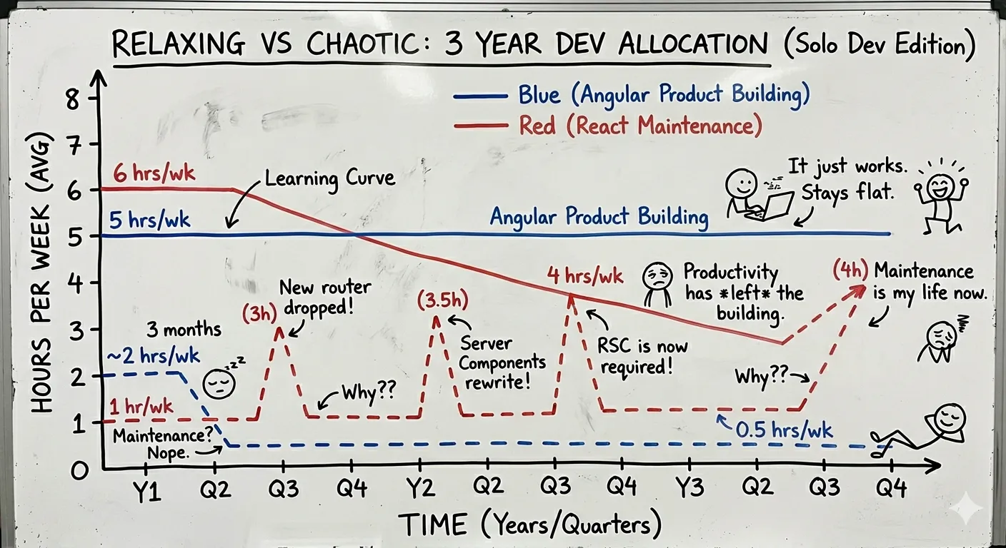 Timeline graph comparing time spent on framework maintenance versus actual product development for Angular vs React over 3 years