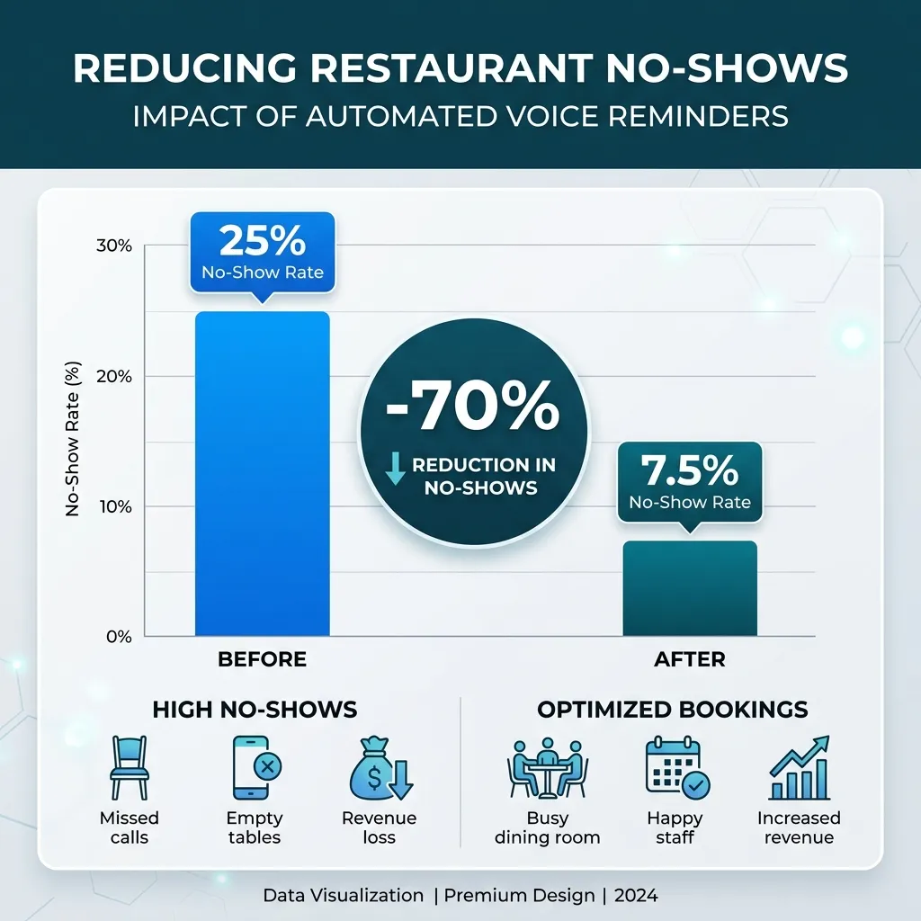 Chart showing 70% reduction in restaurant no-shows after implementing QuotyAI