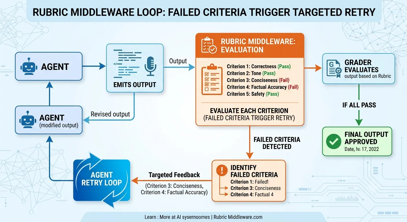 Diagram of the rubric middleware loop: agent emits output, grader evaluates each criterion, failed criteria trigger targeted retry