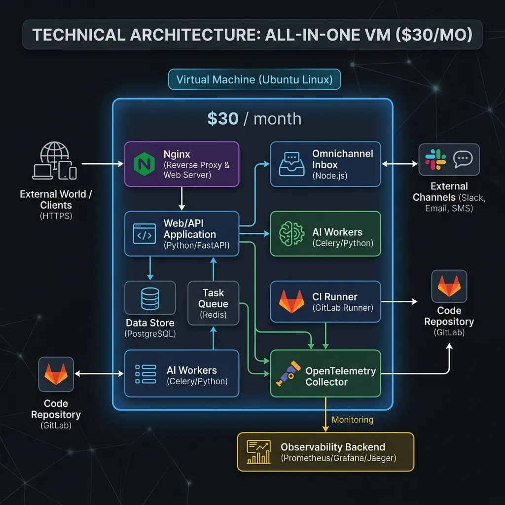 Diagram showing single $30/month VM running API, workers, inbox, CI runner, collector, and Nginx with resource utilization metrics