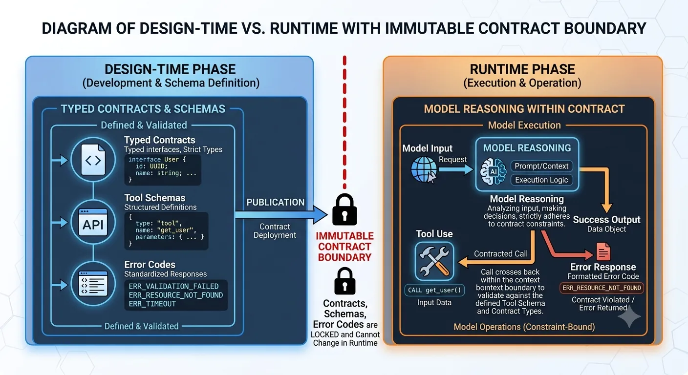 Diagram showing design-time phase (typed contracts, tool schemas, error codes) separated from runtime phase (model reasoning within contract) by an immutable contract boundary